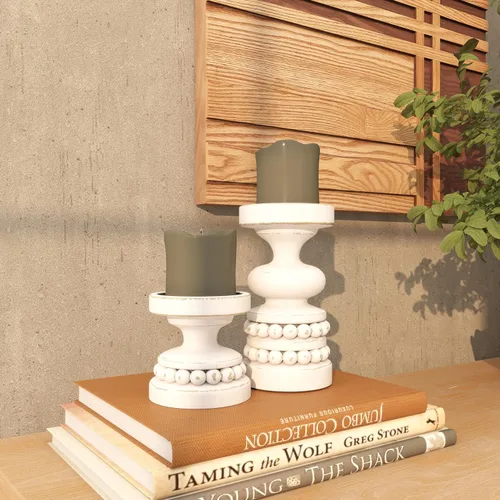 Vista 8 de Deco 79 - Portavelas decorativo de madera con cuentas, soporte de vela de pilar, juego de 2 portavelas, 8 pulgadas, 4 pulgadas de alto, blanco