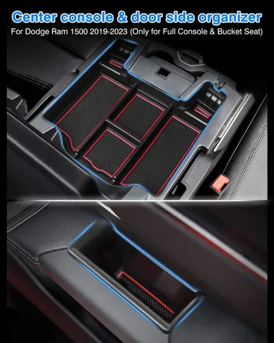 Vista 2 de Karltys Organizador de consola central Ram 1500 para Dodge Ram 1500 2019-2025 2026, bandeja organizadora lateral de puerta y caja de almacenamiento