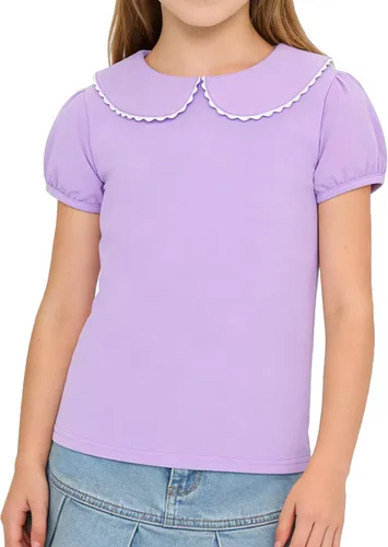 Vista 15 de LYSMuch Camisa básica de manga corta con cuello Peter Pan para niñas de 2 a 5 años, color liso