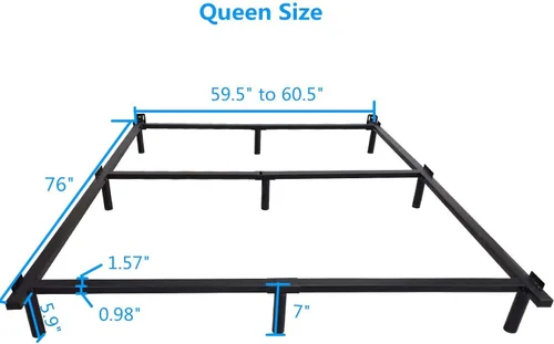 Vista 2 de Base de cama de metal tamaño Queen de 7 pulgadas, marco de cama duradero, base de soporte de 9 patas para somier y base de colchón, montaje rápido