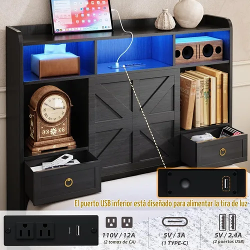 Vista 4 de TIGUBFRE - Base de cama individual con cabecera de almacenamiento, base de cama de madera estilo granja tamaño individual con 3 cajones, luz LED