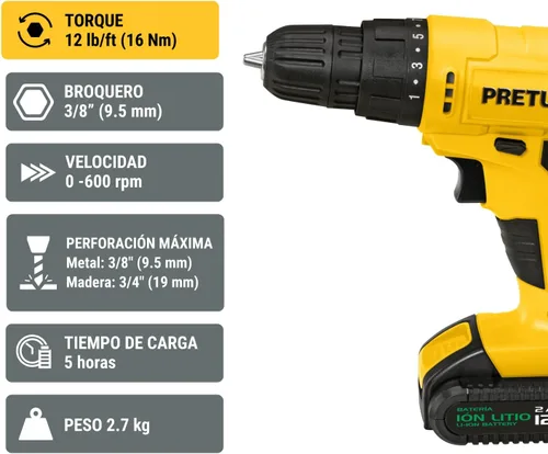 Vista 2 de Taladro inalámbrico, batería de iones de litio 12 V Pretul