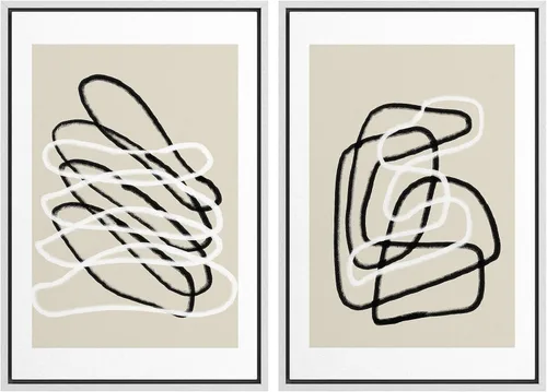 Vista 69 de SIGNWIN Lienzo enmarcado para pared, juego de arte de collage de ondas en espiral de mediados de siglo, formas abstractas, acogedor, neutro
