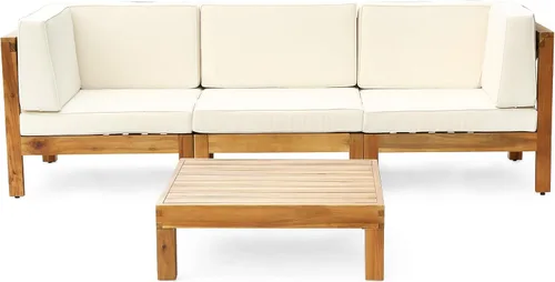 Vista 10 de GDFStudio Juego de sofá modular para exteriores con mesa auxiliar, 4 piezas, 3 plazas, madera de acacia, cojines para exteriores, gris y gris oscuro