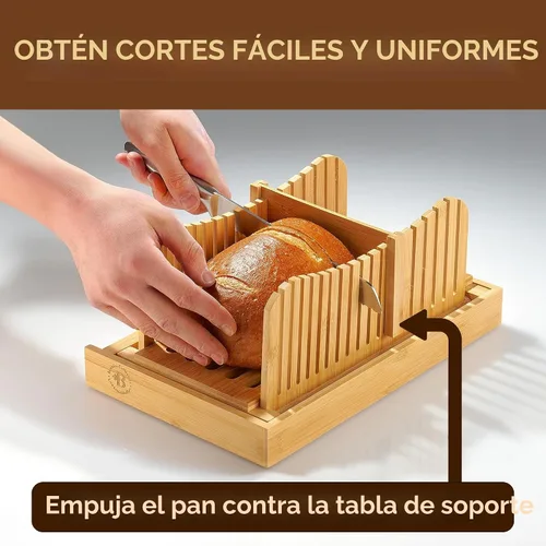 Vista 2 de Bambüsi Cortador de pan de bambú con cuchillo, grosor de 3 rebanadas, guía de corte compacta plegable con bandeja para migas, cuchillo de pan