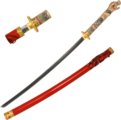 Vista 8 de Espada forjada hecha a mano Samurai Espada Apoyos Katana no afilada Espiga Completa Acero Inoxidable Dragón Rojo/Negro