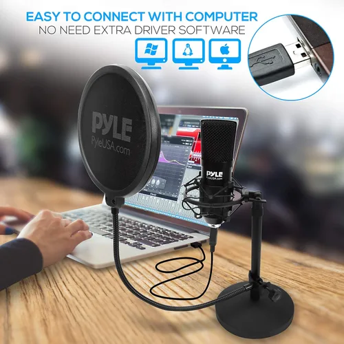 Vista 3 de Pyle Usa - Kit de grabación de podcast de micrófono USB – Micrófono de condensador cardioide de audio con soporte de escritorio y filtro Pop