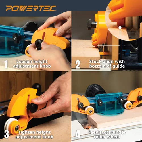Vista 4 de POWERTEC Guía de Material con Rodillos Ajustable, Herramienta Alimentadora de Material con Rodamiento Unidireccional – Reduce el Retroceso y Aumenta
