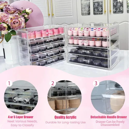 Vista 4 de Caja de almacenamiento de 4 niveles para decoración de arte de uñas, organizador acrílico para maquillaje y joyería con cajones, almacenamiento