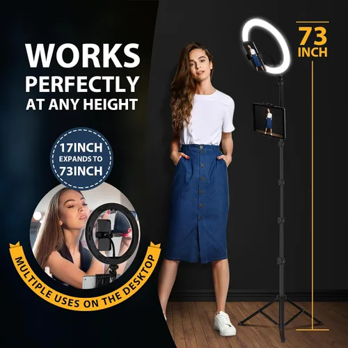 Vista 7 de Anillo de luz con soporte y soporte para teléfono, anillo de luz LED para selfie de 10 pulgadas con trípode (17 a 73 pulgadas) con control remoto