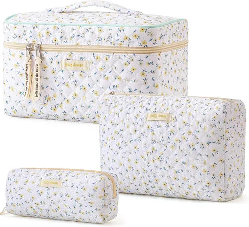 Vista 32 de HBselect Bolsa de Maquillaje Acolchada, 3 Piezas de Gran Bolsa de Maquillaje de Viaje de Algodón, Linda Bolsa de Maquillaje Floral Coquette, Bolsa
