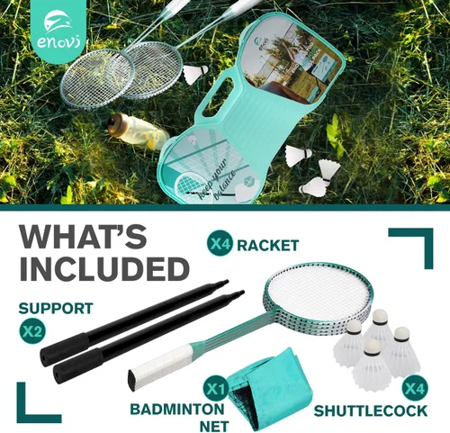 Vista 2 de Juego de bádminton ENOVI EasyGo, con red, 4 raquetas, 4 volantes, caja de almacenamiento portátil, para patios, juegos de exterior, juegos de jardín