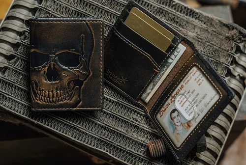 Vista 2 de HoJ Co. SKULL - Cartera delgada para tarjetas Funda plegable Cartera minimalista de bolsillo frontal Cuero de grano completo con acabado bruñido