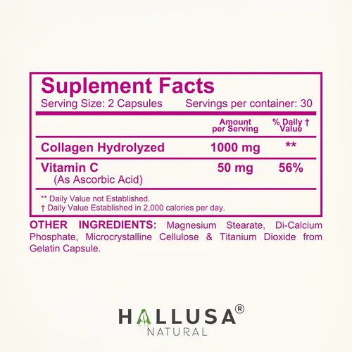 Vista 4 de Hallusa Natural Cápsulas de colágeno hidrolizado de 1000 mg con vitamina C - Suplemento antienvejecimiento para piel, cabello, uñas y articulaciones