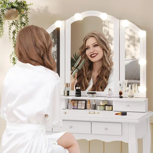 Vista 7 de Tiptiper Juego de mesa de tocador con espejo plegable triple iluminado, tocador de maquillaje con luces y 3 modos de iluminación