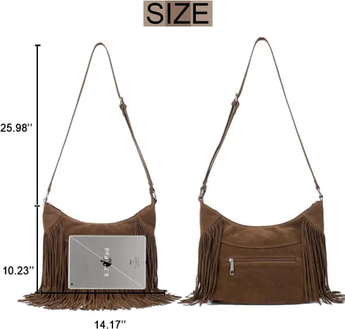 Vista 4 de Sunwel Fashion Bolso hobo con flecos para mujer, bolso de hombro estilo occidental, de ante vegano, con borlas, hippie, bandolera