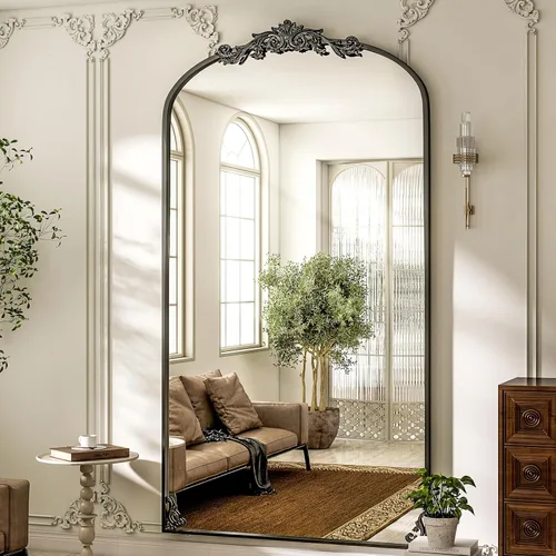 Vista 8 de GLSLAND Espejo Vintage - 72" x 44" Espejo de Cuerpo Completo Grande Tallado Arqueado con Marco de Metal Barroco Espejos de Cuerpo Completo para Negro