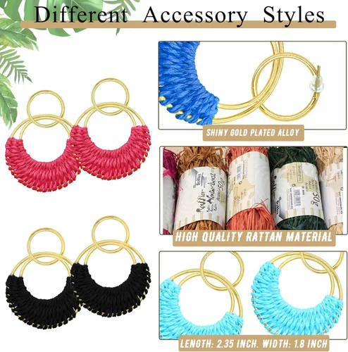 Vista 7 de Ronglry Aretes bohemios de ratán de rafia para mujeres y niñas, ligeros, hechos a mano, de mimbre trenzado, grandes, divertidos, modernos, regalos