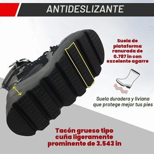 Vista 4 de mikarka Botas holográficas de plataforma para mujer, con cordones en el tobillo, con tachuelas y hebilla, góticas, de cuña apilada, botines