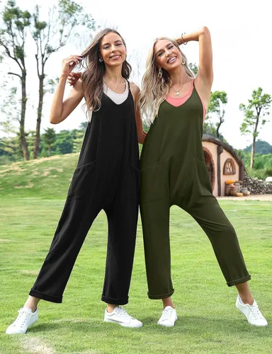 Vista 3 de TARSE Overol sin mangas para mujer, con cuello en V, estilo harén, con tirantes ajustables, elástico, cómodo, con bolsillos, 2025