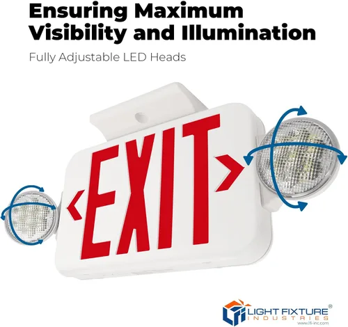Vista 6 de LFI Lights® - Señal de salida roja combinada con luces de emergencia Carcasa blanca Todos los LED Dos cabezales redondos ajustables cableado