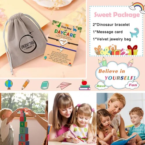 Vista 6 de UNGENT THEM Back to School Bracelet Mother Son Dinosaur Bracelets for Mom and Son First Day of School Gifts for Mother Dad Son Boys Daughter Girls