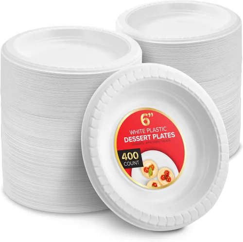 Vista 8 de Stock Your Home 200 platos de plástico blanco de alta calidad, platos desechables blancos de 6 pulgadas para pastel de boda, platos de postre