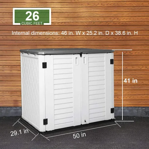 Vista 2 de Cobertizo de almacenamiento horizontal para jardines y patios, caja de almacenamiento de plástico impermeable, cobertizo pequeño de 26 pies cúbicos