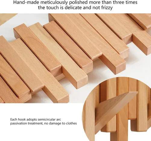 Vista 4 de DESAINOPH® Perchero de abrigos de madera montado en la pared, varillas multifuncionales de madera maciza hechas a mano con 5 ganchos modernos