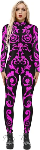 Vista 21 de Disfraz de esqueleto de calavera para Halloween para mujer, overol elástico y ajustado Skull Skeleton Costume Jumpsuits Stretch Skinny Catsuit