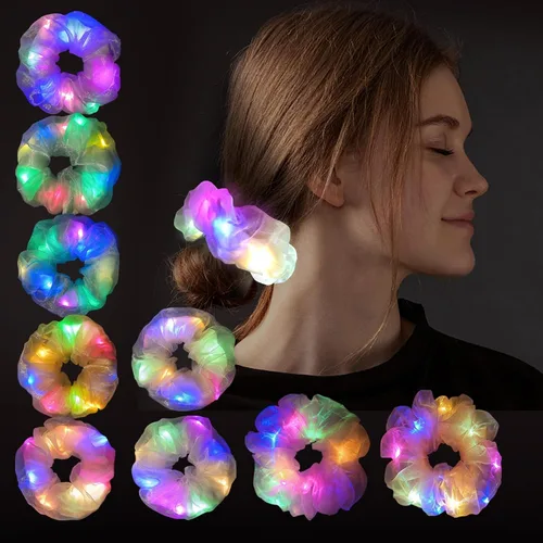 Vista 10 de Scrunchies LED, 18 piezas multicolor que brillan en la oscuridad suministros de fiesta, recuerdo de fiesta de neón, accesorios de festival rave
