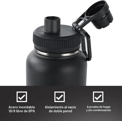 Vista 4 de Navigate Botella de agua aislada de 32 oz para deportes, mantiene el frío Negro