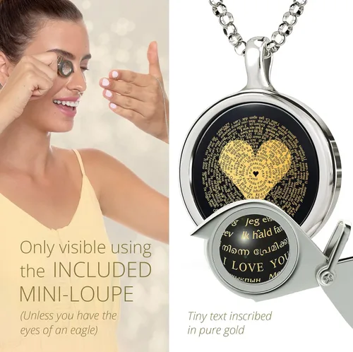 Vista 5 de NanoStyle Collar I Love You de oro puro inscrito en 120 idiomas en texto en miniatura sobre piedra preciosa ónix, colgante de regalo de cumpleaños