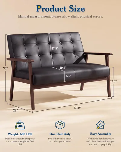 Vista 2 de 51" Black Faux Leather Mid Century Modern Loveseat for Living Room