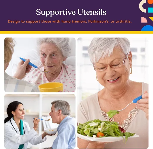 Vista 2 de Special Supplies Utensilios adaptativos (juego de cocina de 5 piezas) anchos, sin peso, asas antideslizantes para temblores de manos, artritis