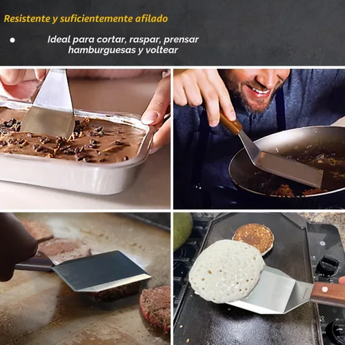 Vista 9 de Juego de espátulas de metal de acero inoxidable para plancha, espátula raspadora para parrilla para BBQ/parrilla superior plana, mango de espiga