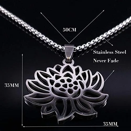 Vista 6 de 2024 Yoga Lotus Stainless Steel Statement Necklace Women Silver Color Necklaces Pendants Jewelry Bisuteria