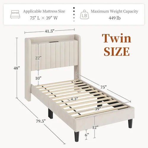 Vista 2 de Yaheetech Base de cama de plataforma doble, cabecera lateral tapizada con estación de carga USB y estante de almacenamiento, soporte de listones