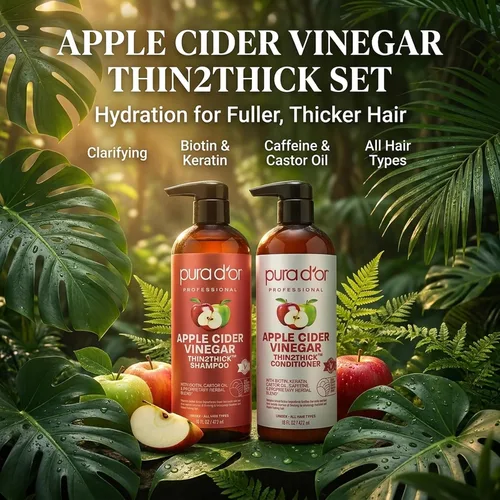 Vista 2 de PURA D'OR Set de champú y acondicionador de vinagre de manzana Thin2Thick (16 onzas x 2) Champú y acondicionador de vinagre de manzana ACV