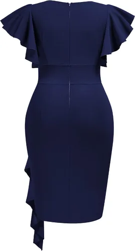 Vista 2 de Miusol Vestido de tubo vintage con cuello en V para mujer, talla grande, manga con volantes, para negocios, cóctel, fiesta