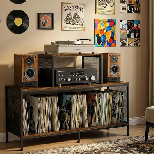 Vista 4 de Sonyabecca Espaciosa mesa de tocadiscos vintage – Capacidad para 150 – 250 álbumes de vinilo, divisores ajustables, áreas de visualización lateral