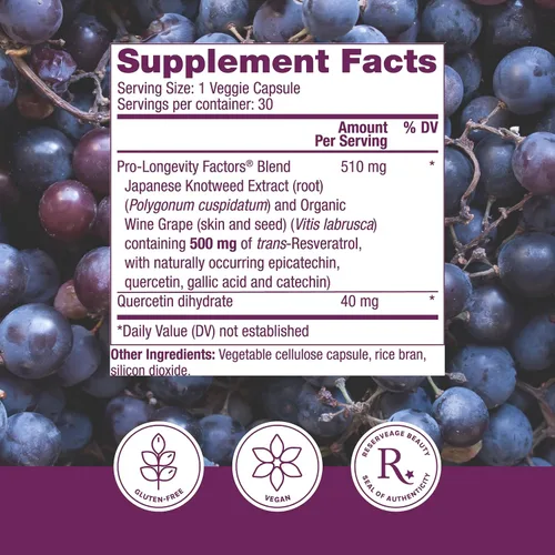 Vista 2 de Reserveage Beauty, Resveratrol 500 mg, suplemento antioxidante para la salud cardíaca y celular, apoya el envejecimiento saludable y el sistema