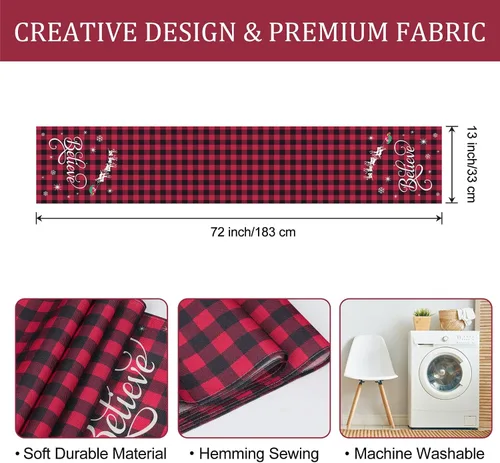 Vista 6 de Bonhause Camino de Mesa Navideño a Cuadros Buffalo Rojo y Negro de 13x72 Pulgadas Xmas Believe Trineo Decoración Estacional de Invierno para Mesa