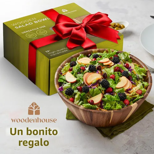 Vista 9 de Woodenhouse Tazón de ensalada de madera, tazón para ensalada, tazón de madera - 12" Diseño redondo, tazón de frutas hecho a mano, duradero