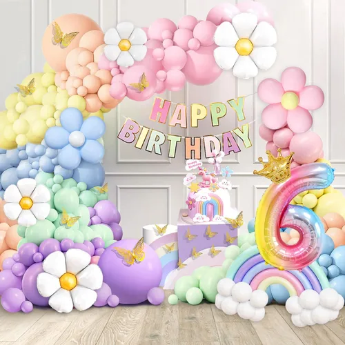 Vista 10 de Decoraciones de primer cumpleaños para niña, 219 margaritas para primer cumpleaños, kit de arco de globos pastel, pancarta de feliz cumpleaños