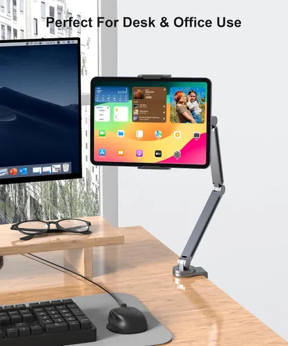 Vista 8 de YICOSUN Soporte de brazo para tableta con súper agarre, soporte plegable ajustable y abrazadera giratoria de aluminio resistente de 360° para iPad
