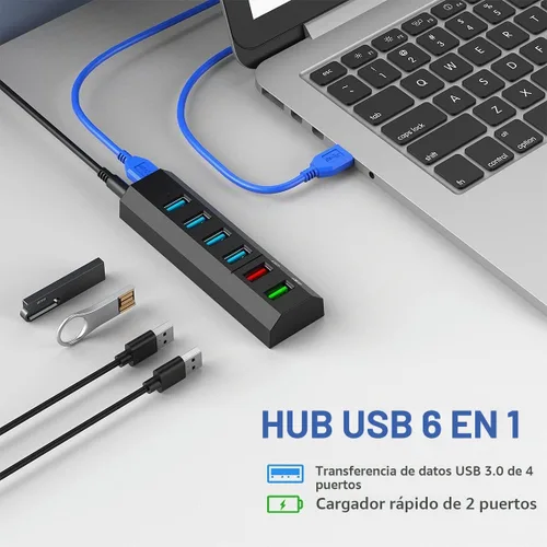 Vista 2 de Aiibe - Concentrador USB, 6 puertos USB 3.0 de súper alta velocidad + adaptador de corriente de 24 W + cable USB 3.0, cargador rápido inteligente