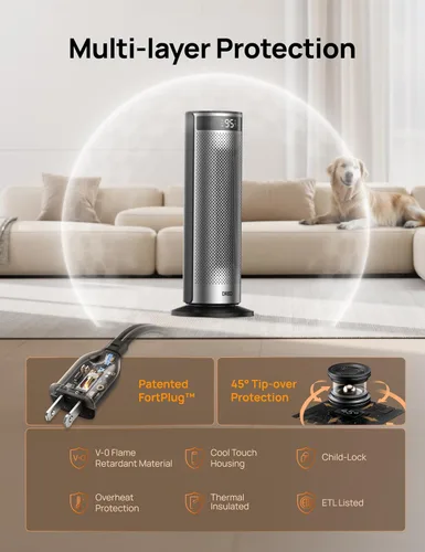 Vista 5 de DREO Calentador de espacio para habitaciones grandes, calentadores eléctricos de 20 pulgadas con DREO FortPlug para uso en interiores, torre