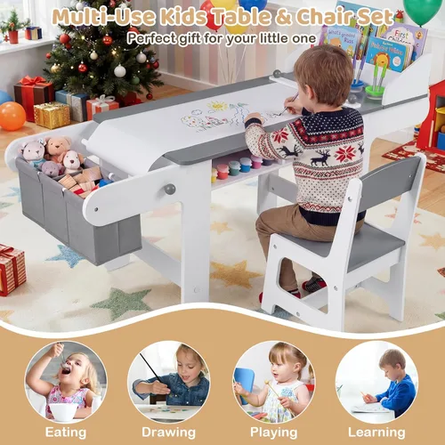 Vista 6 de Costzon Mesa y silla de arte para niños, mesa de madera para manualidades con rollo de papel y contenedores de tela para dibujar, leer, estudiar