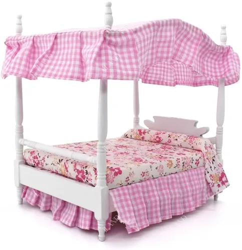 Vista 8 de iLAND - Juego de muebles de dormitorio para casa de muñecas, cama mini de madera para muñecas, muebles en miniatura con accesorios a escala 1:12